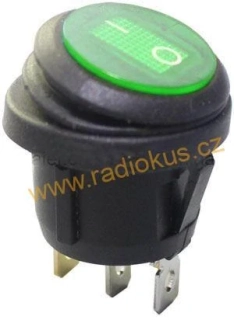 Kolébkový spínač 6A / 250V , zelený , 24 mm , s gumovou krytkou , aretovaný