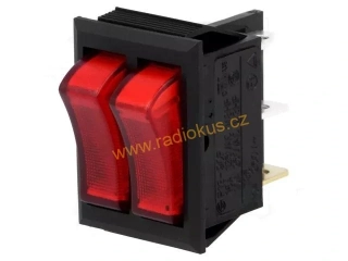 Kolébkový spínač 10A / 250V , červený , 22,2 x 30,2 mm , 2 v 1, aretovaný