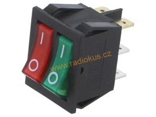 Kolébkový spínač 15A / 250V , červený + zelený, 22,2 x 30,2 mm , 2 v 1, aretovaný