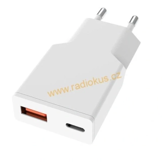 USB nabíjecí adaptér , fast charge , USB A + C 20W , bílý