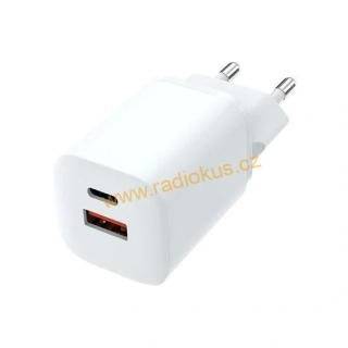 USB nabíjecí adaptér , fast charge , GaN , USB A + C , 33W PD , bílý