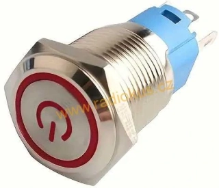 Přepínač tlačítkový ON - ON s aretací , 22mm, 250V/2A, červené prosvětlení 12-24V