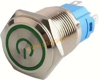 Přepínač tlačítkový ON - ON s aretací , 22mm, 250V/2A, zelené prosvětlení 12-24V