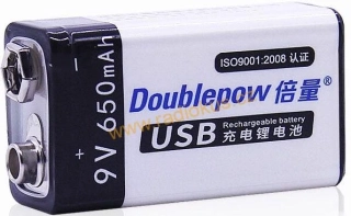 Nabíjecí baterie Li-ion 9V 650mAh 6F22, Doblepow, napájení USB-C