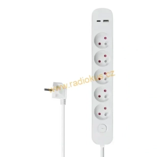 Přepěťová ochrana, 5 zásuvek, 1,5m, bílá , USB A + C