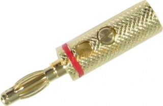 Reproduktorový banánek 4mm na kabel , kovový , zlacený , červený proužek