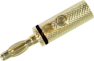 Reproduktorový banánek 4mm na kabel , kovový , zlacený , černý proužek